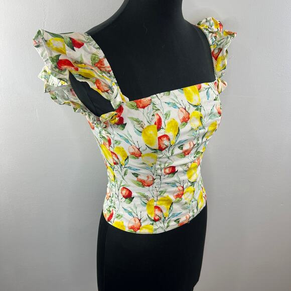 AQUA White S Top Cotton Lemon Fruit Smoked Back Zip Square Neck Flutter Sleeves - Picture 4 of 8